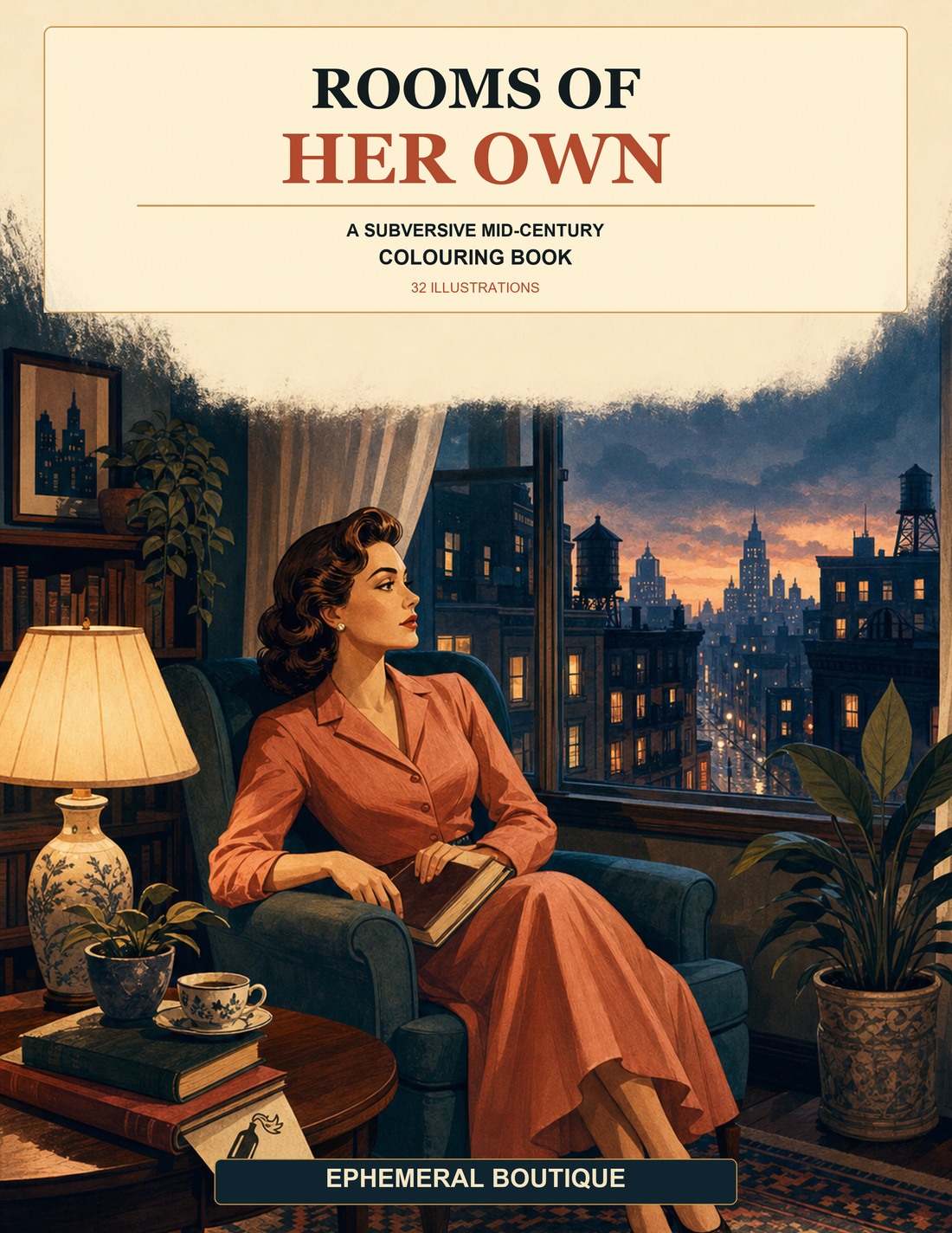 Cover of Rooms of Her Own, showing a mid-century woman reading beside a city window at dusk
