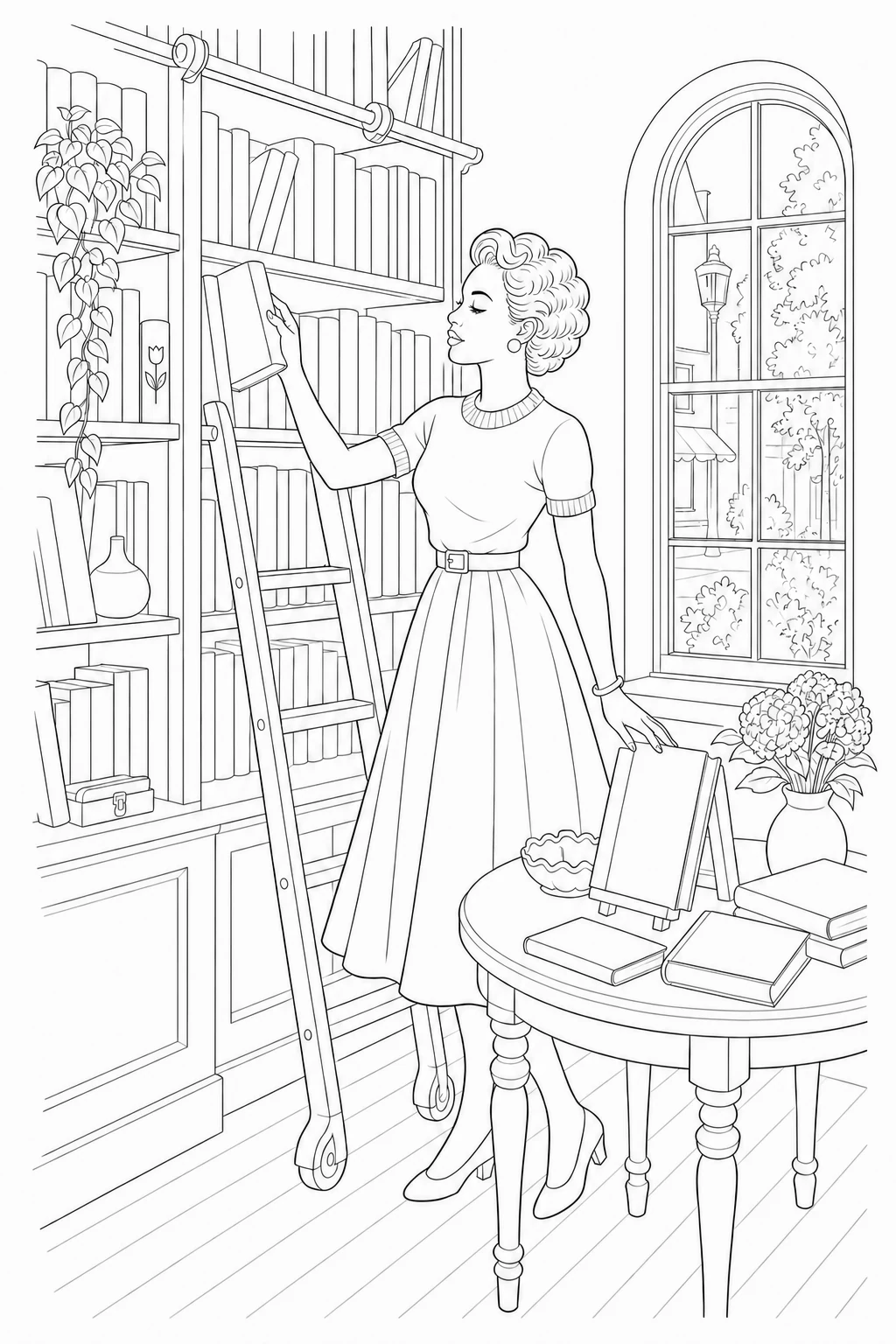 Colouring page of a woman browsing a bookshop using a rolling ladder