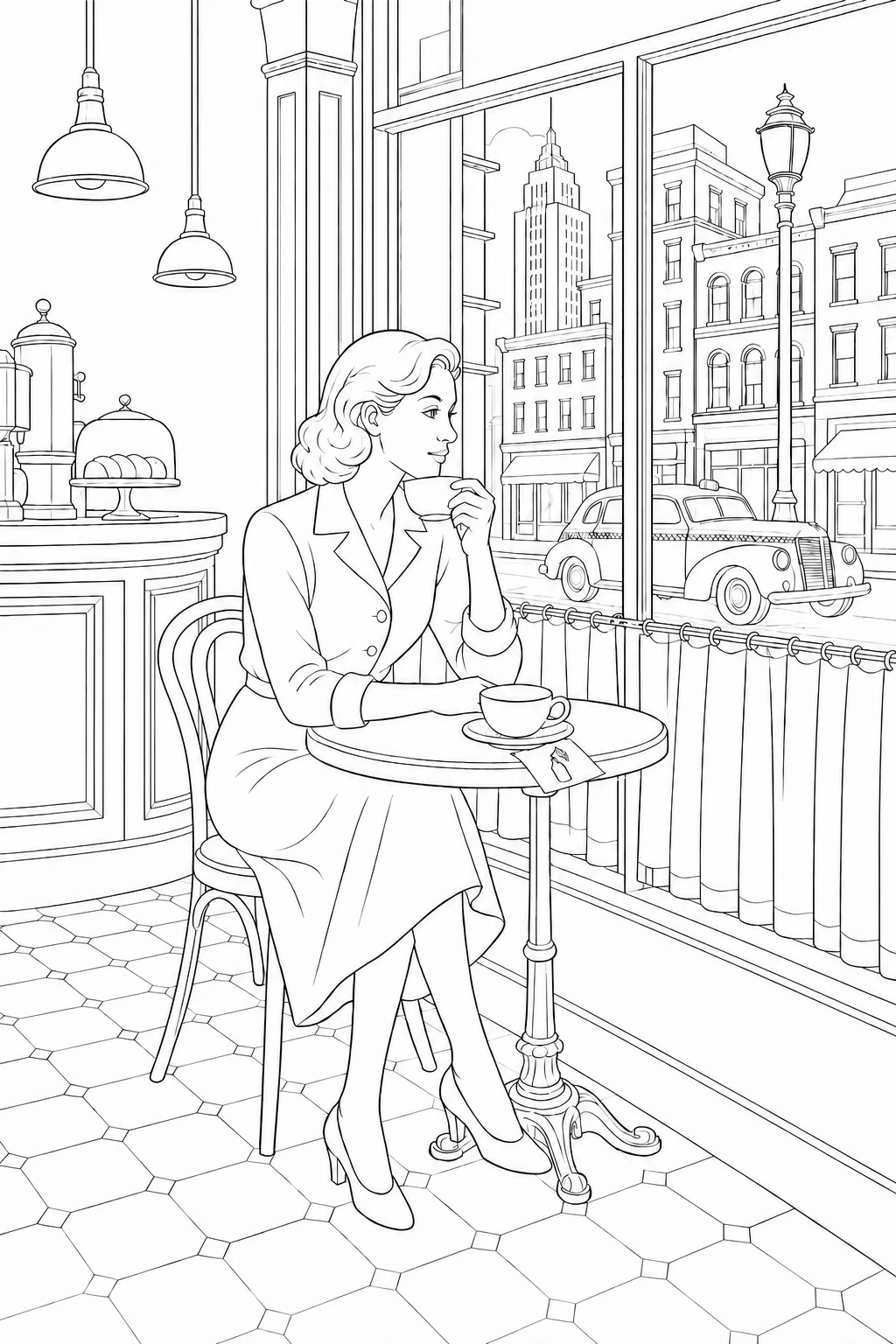 Colouring page of a woman drinking coffee in a vintage city café