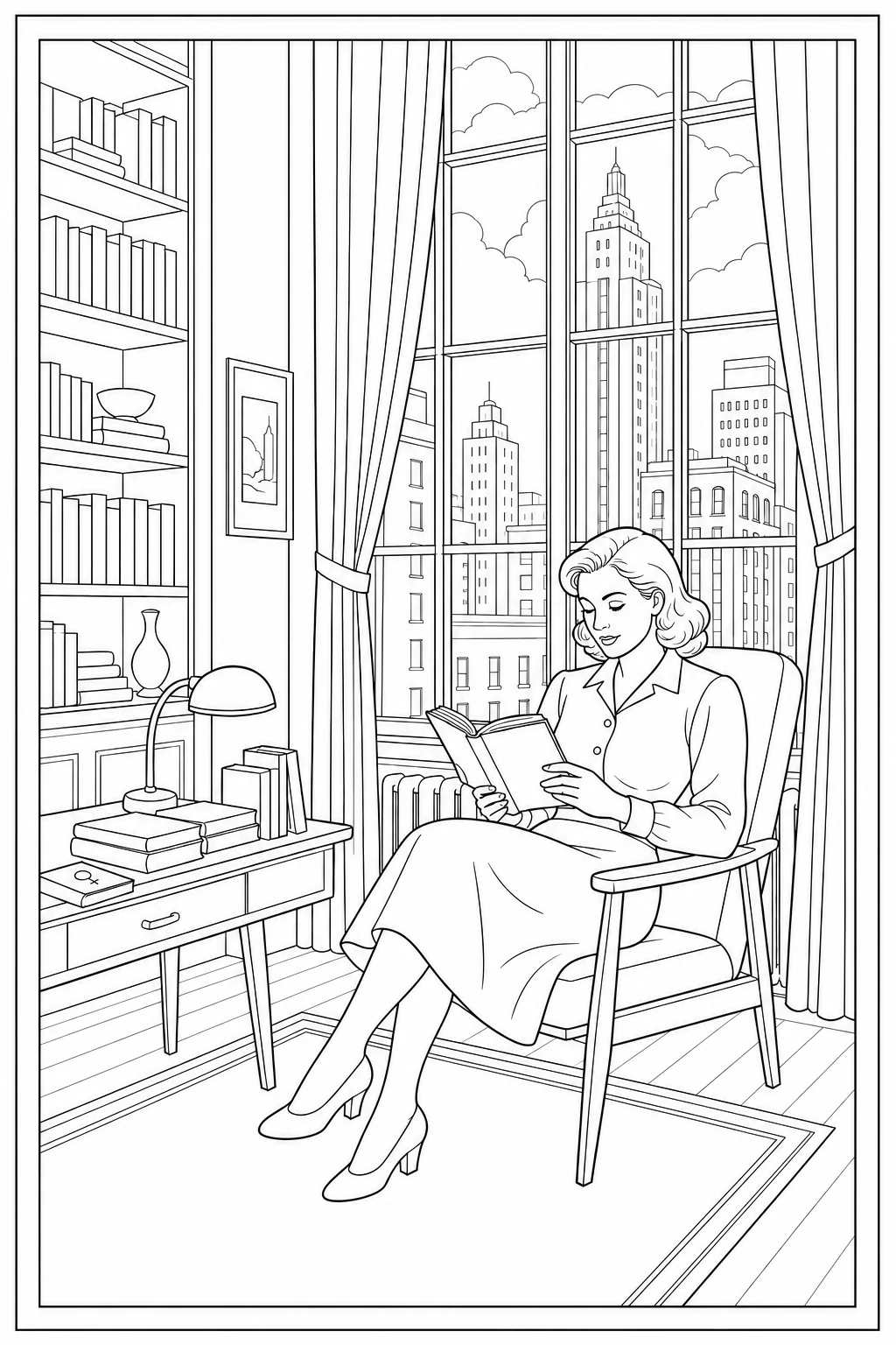 Colouring page of a woman reading in a library beside a large city window