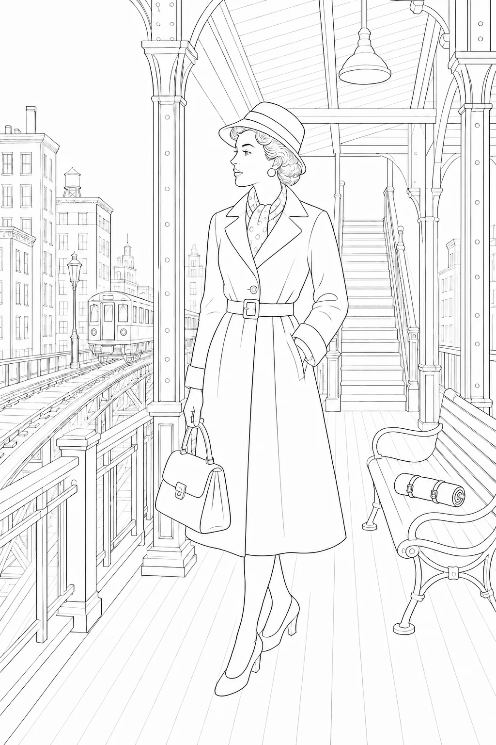 Colouring page of a woman waiting with rolled plans on an elevated railway platform