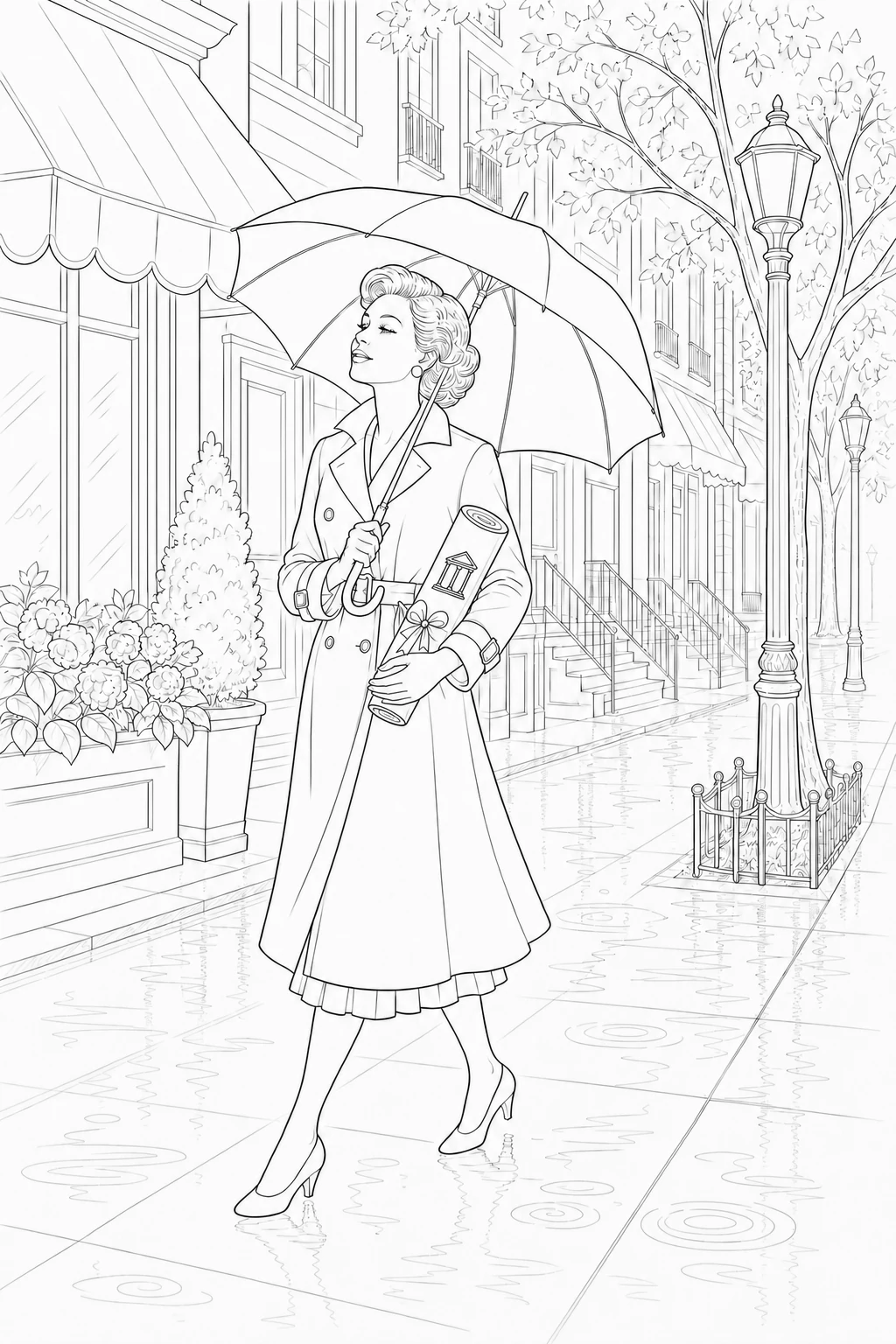 Colouring page of a woman carrying an architecture diploma on a rainy city street