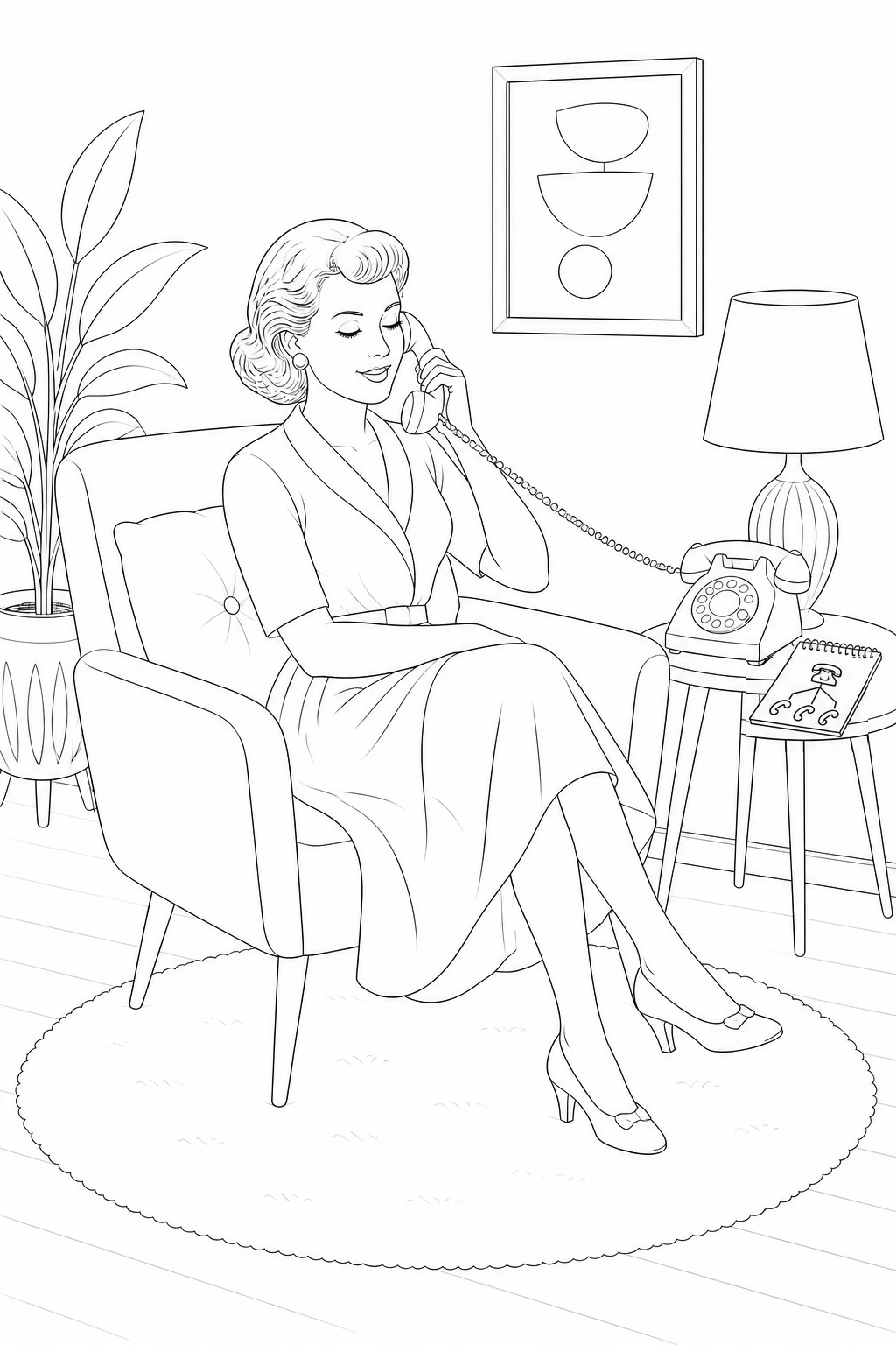 Colouring page of a woman using a rotary telephone beside a diagram of a telephone tree